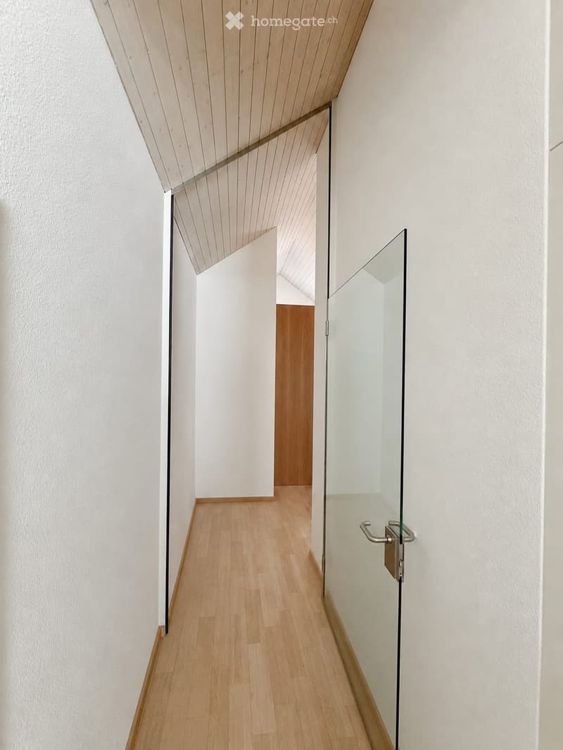 A modern, minimalist hallway with light wooden flooring, white walls, and a sleek glass door with a metallic handle. The ceiling features a clean, geometric design with wooden paneling.