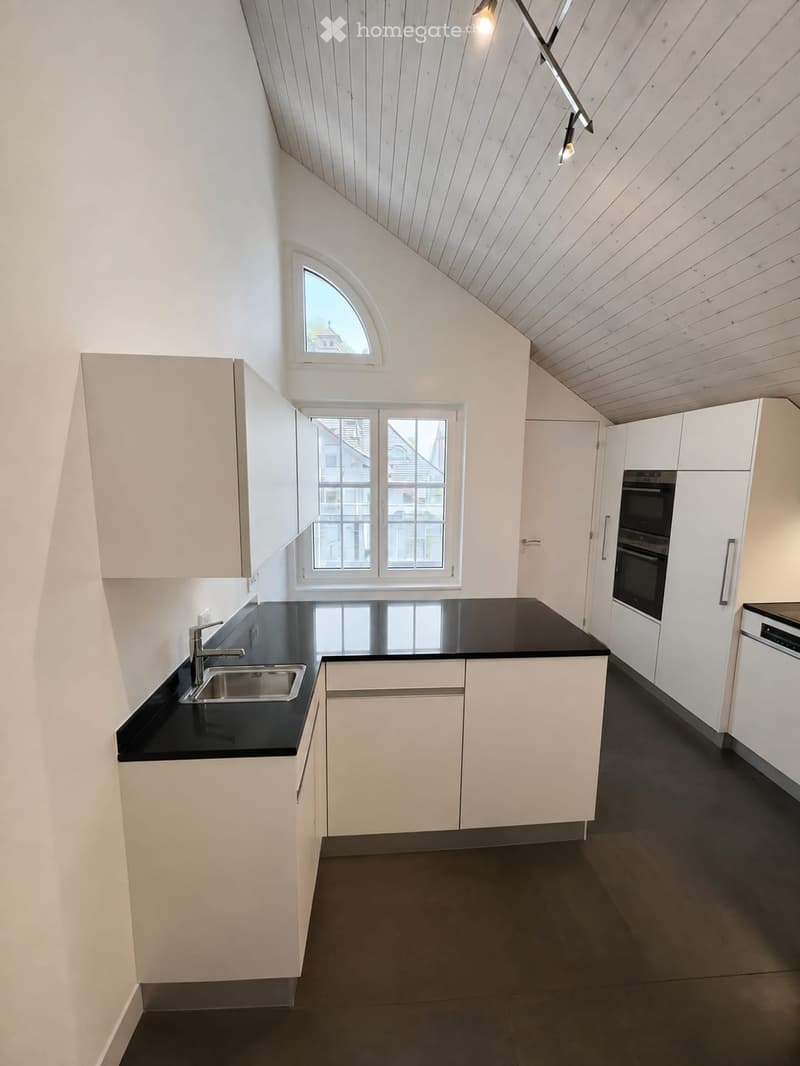 Modern kitchen with white cabinets, black countertops, stainless steel sink, and built-in appliances including an oven and dishwasher.