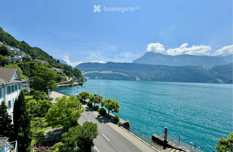 Scenic lakeside view with a clear blue lake, surrounding mountains, and a paved road lined with trees and shrubs.