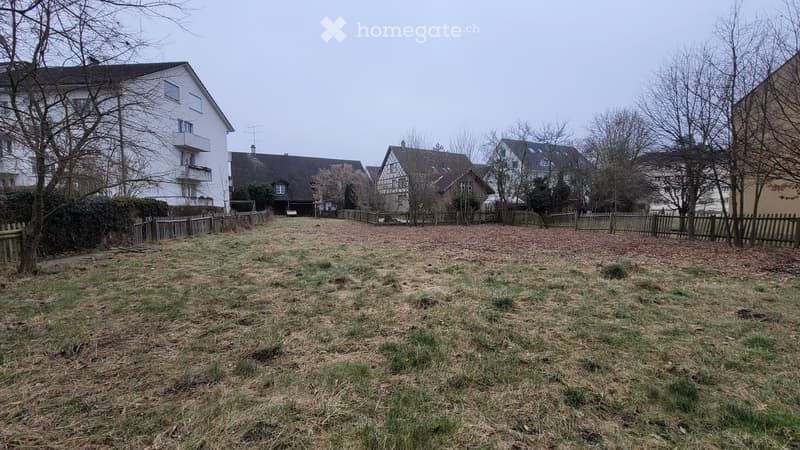 Empty garden area enclosed by a wooden fence, with bare ground and sparse grass, surrounded by residential buildings and trees.