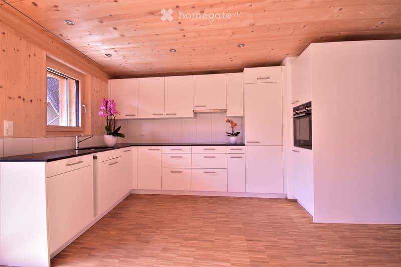 Modern kitchen with white cabinets, wooden ceiling, and wooden floor. Features a sink, faucet, oven, and two flower pots on the counter.
