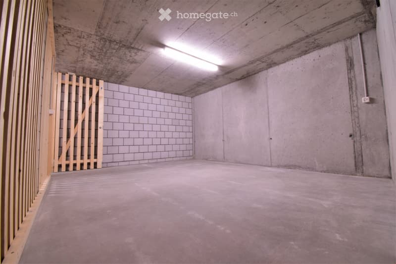 Empty concrete room with a wooden gate on one side, white tiled wall, and fluorescent lighting.