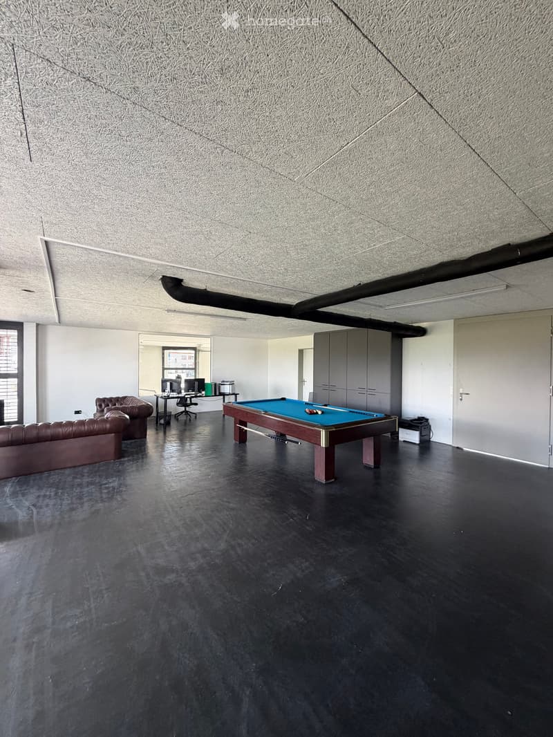 Modern room with dark polished concrete floor, textured white walls, and a pool table with a green felt surface. Includes a brown leather sofa, a small table with chairs, and a cabinet.