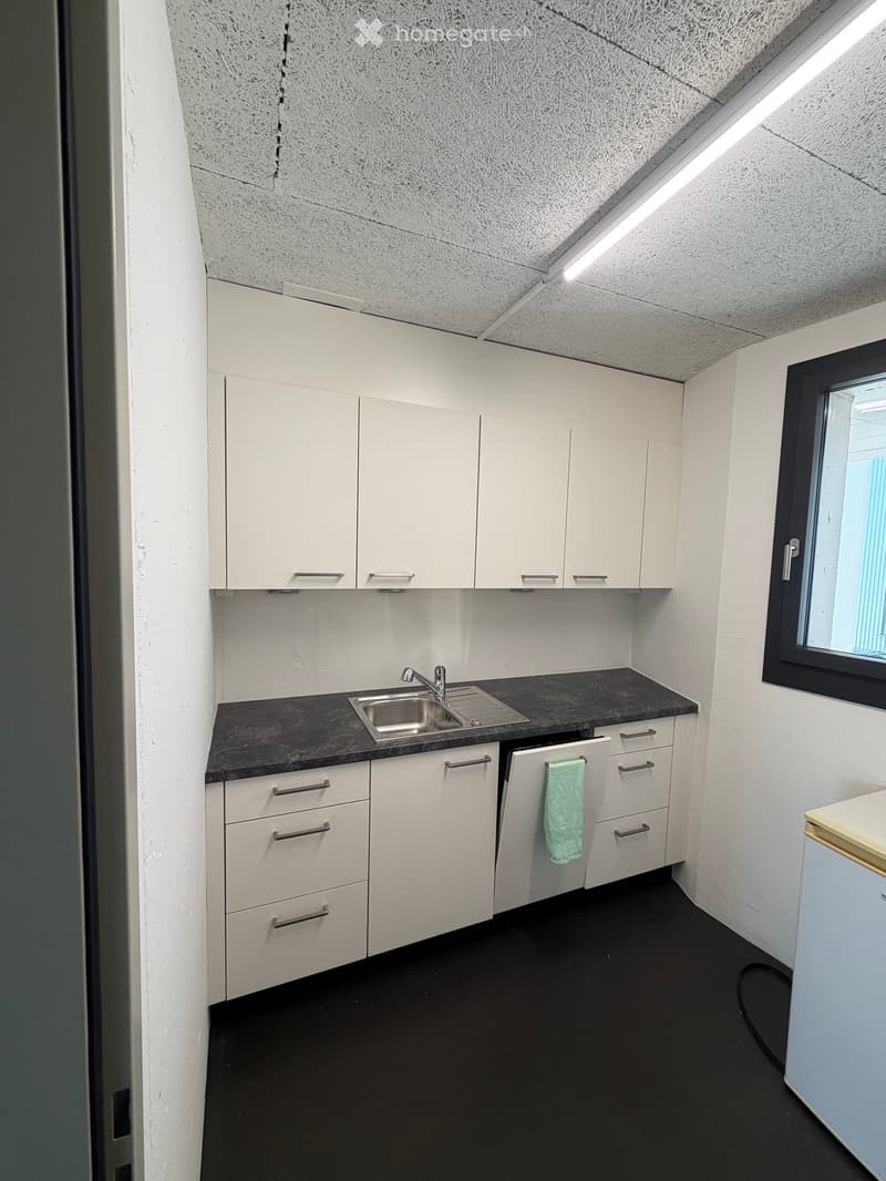 Modern kitchen with white cabinets, black countertops, and a stainless steel sink. Features include a window, a towel hanging on the cabinet, and a sleek, minimalist design.