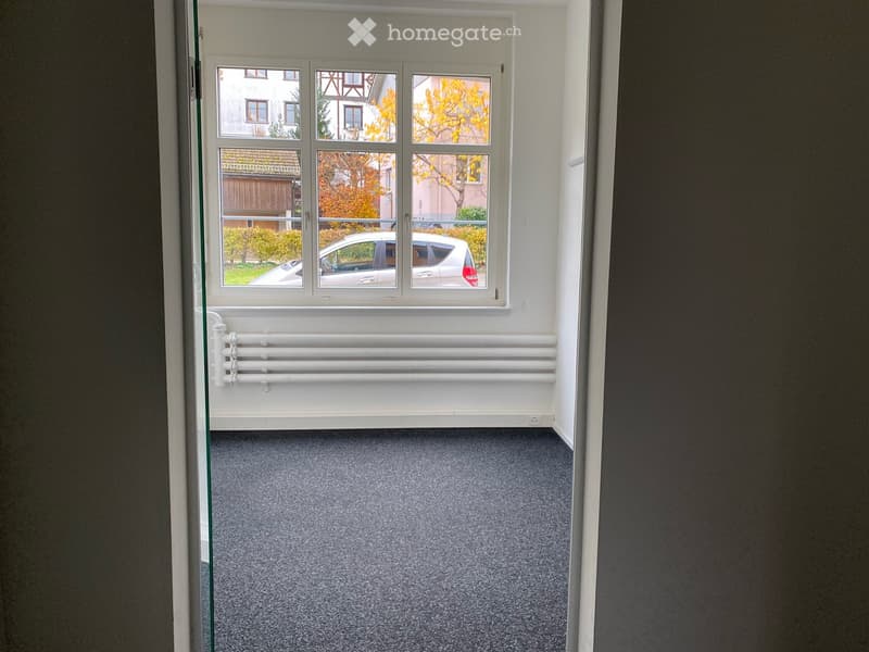 Empty room with grey carpeted floor, white walls, large window with multiple panes, radiator below the window, and a glass door leading outside.
