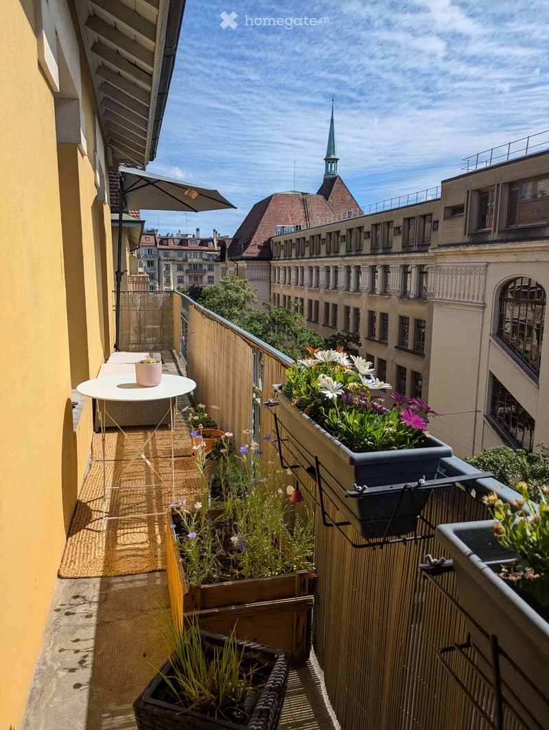 Balcony with a small table, chair, and multiple flower pots, overlooking a cityscape with historic buildings and a spire.