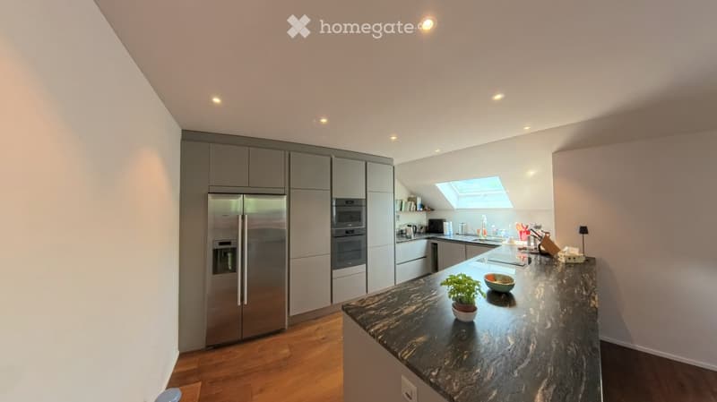 Modern kitchen with stainless steel appliances, marble countertop, and built-in cabinets. Features a small potted plant and a bowl on the counter.
