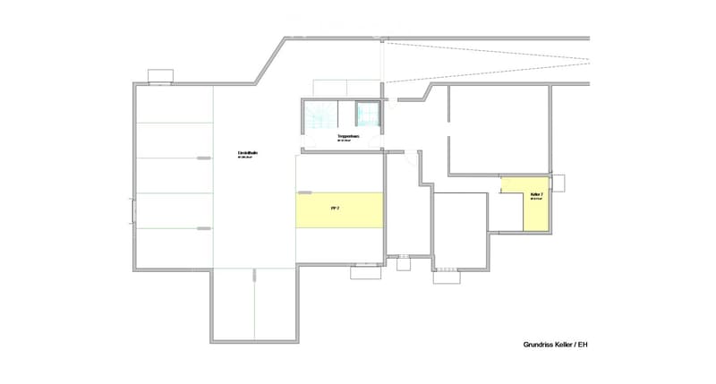 Floor plan of a basement level showing a hallway, staircase, two rooms labeled "PP 7" and "Kälter 7", and a storage area.