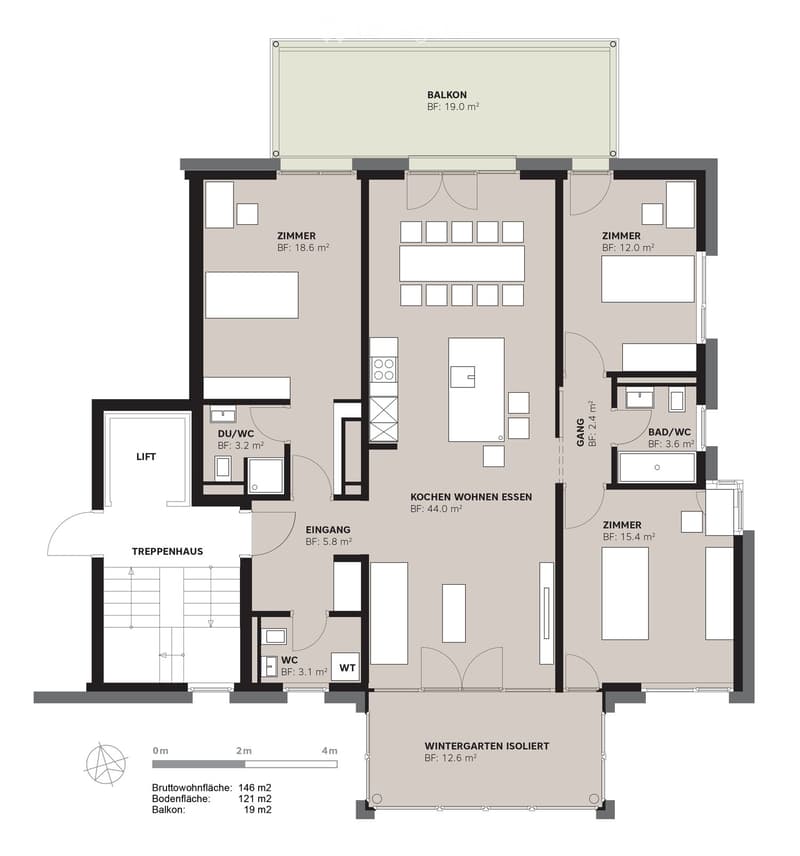 Floor plan of a 146 m² apartment with4 bedrooms, kitchen, living/dining area, 2 bathrooms, balcony, and isolated winter garden.