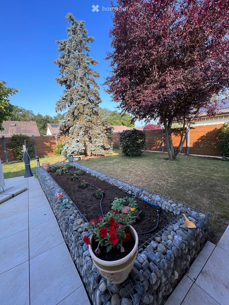 Well-maintained garden with a stone border, potted plants, and a wooden fence. Features include a small flower bed, a hose, and a shovel.
