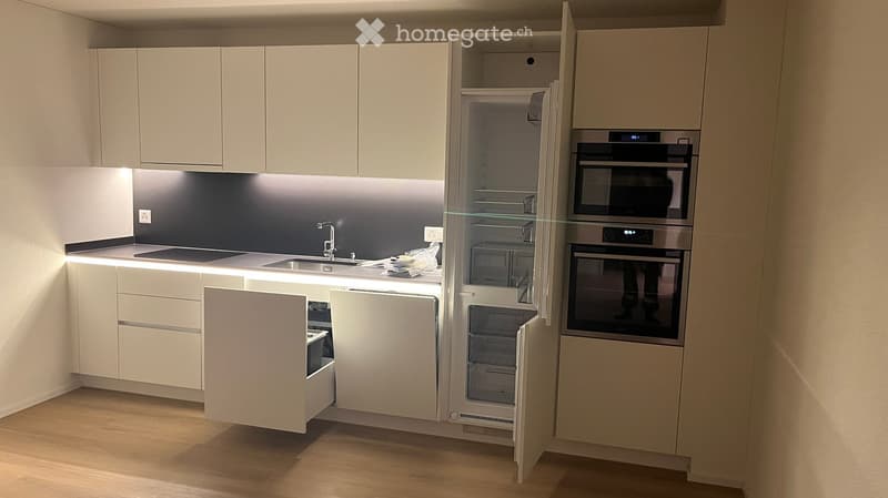 Modern kitchen with white cabinets, stainless steel appliances, and a sleek design. Features include a sink, refrigerator, oven, microwave, and built-in lighting.