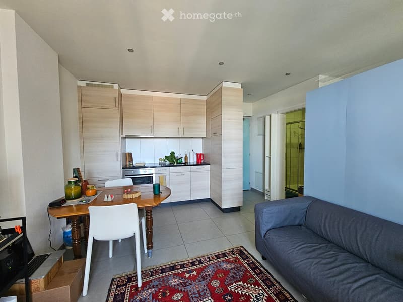 A modern, open-plan living and dining area with a grey sofa, a wooden dining table with chairs, a laptop on a box, and a kitchen area with cabinets, an oven, and various kitchen items.