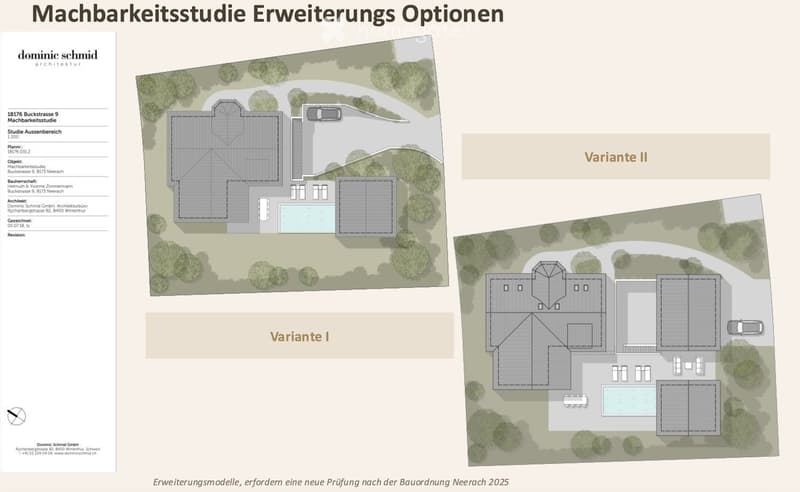 Architectural floor plan showing two expansion options for a building, labeled Variante I and Variante II, with detailed layouts and surrounding greenery.
