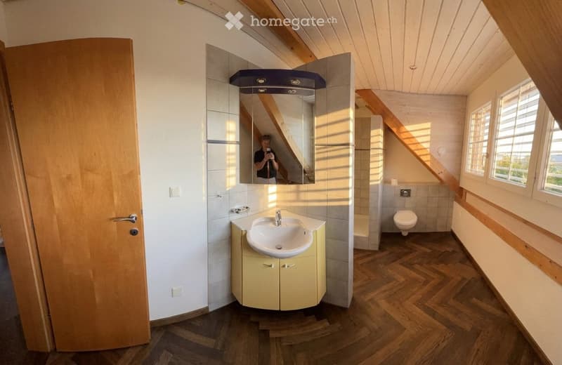 Bright bathroom with wooden herringbone flooring, white tiled walls, a single sink with a modern faucet, a large mirror, and a toilet. The room features exposed wooden beams on the ceiling and a wooden door.