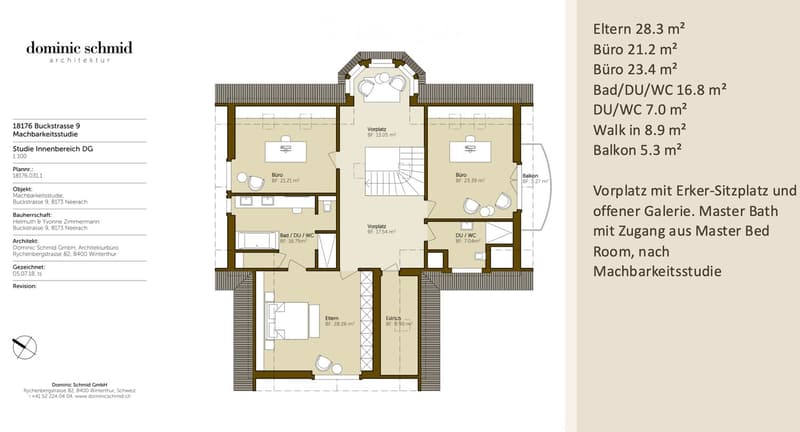 Floor plan of a DG (ground floor) area showing rooms including offices, bathrooms, walk-in, balcony, and entrance area.