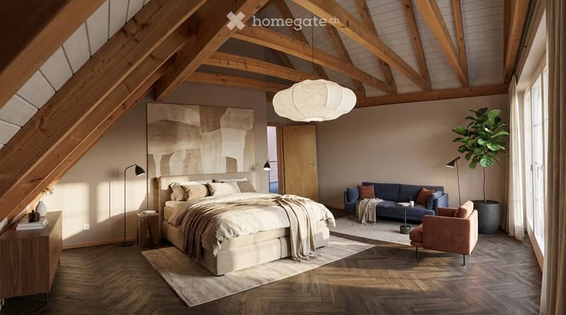 Modern bedroom with exposed wooden beams, a large bed, a sofa, a chair, a side table, a floor lamp, and a potted plant.