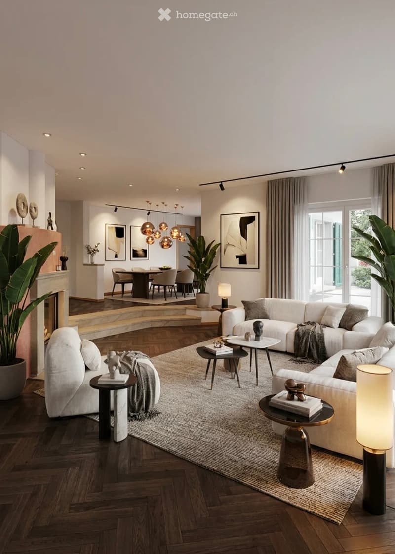 Modern living room with white sectional sofa, coffee tables, side tables, lamps, dining area with table and chairs, fireplace, artwork, and large windows with curtains.