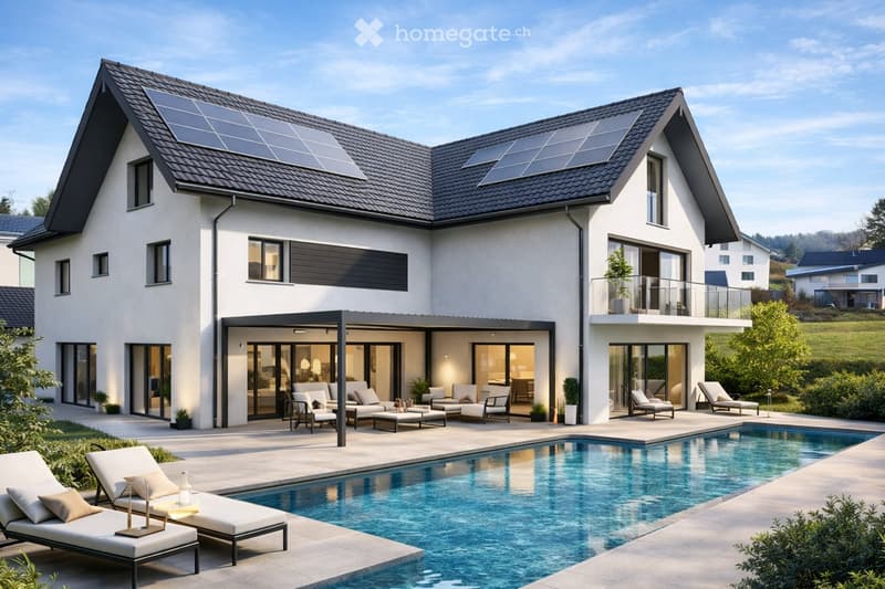 Modern two-story house with solar panels on the roof, large windows, a spacious balcony, and a swimming pool in the garden area.
