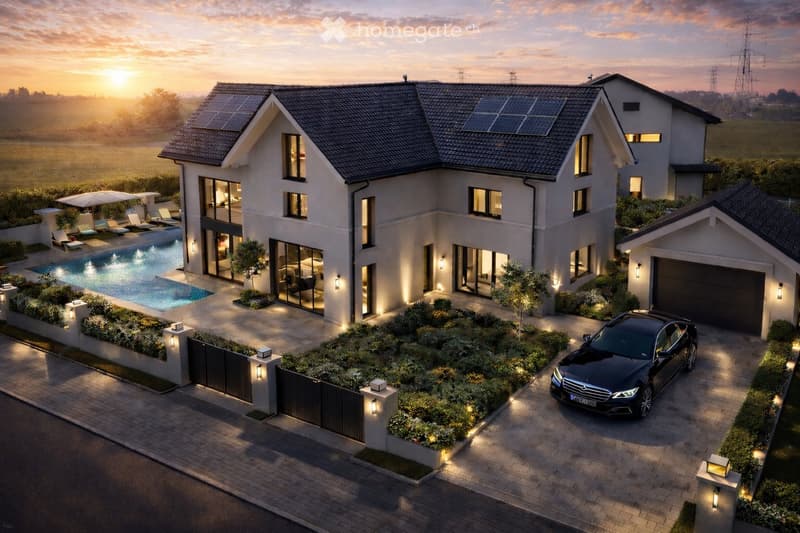 Modern two-story house with solar panels, large windows, garage, swimming pool, and landscaped garden.