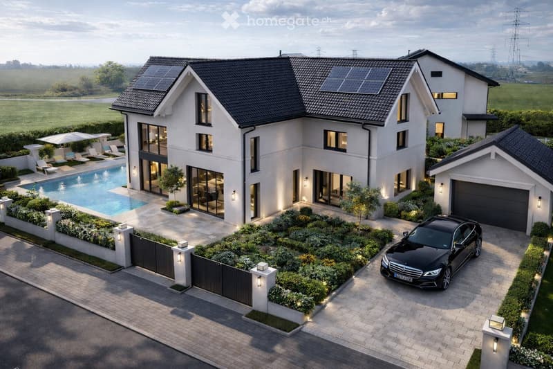 Modern two-story house with solar panels, large windows, garage, swimming pool, and landscaped garden.