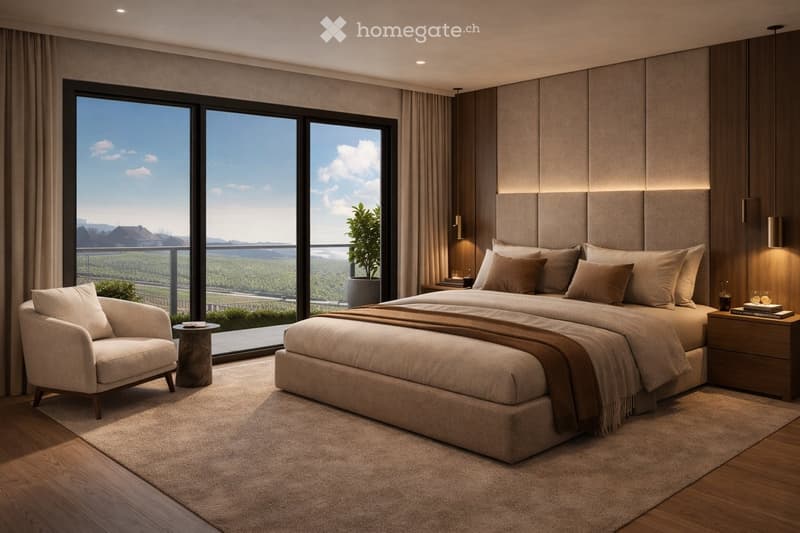 Modern bedroom with large windows offering a scenic view, featuring a large bed with pillows and a headboard, a nightstand with a lamp, a comfortable armchair, a small table, and a potted plant.