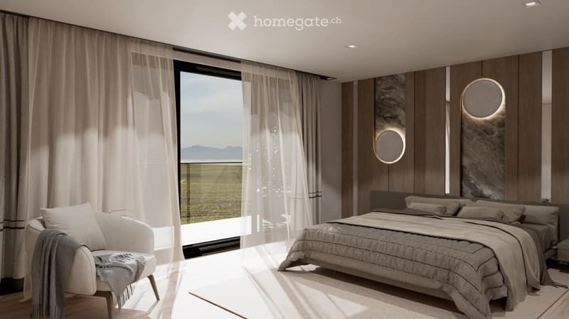 Modern bedroom with a large window offering a scenic view, a neatly made bed, a comfortable chair, and stylish wall-mounted lights.