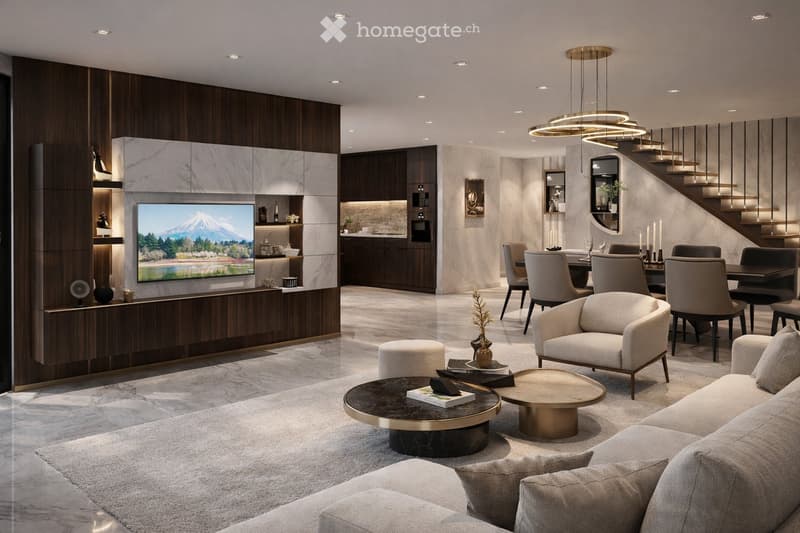 Modern living room with a large sectional sofa, coffee tables, dining area, and a TV mounted on a wooden wall.