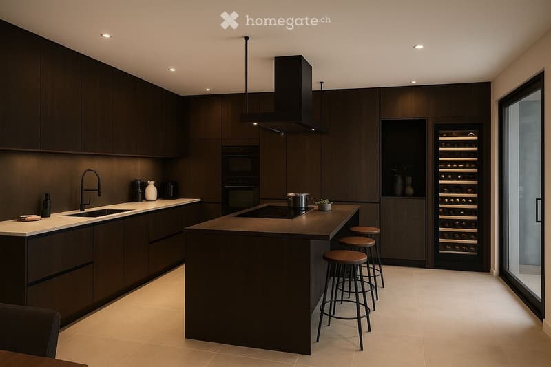 Modern kitchen with dark wood cabinets, a central island, and built-in appliances including an oven and wine cooler. The island features a countertop with a sink, faucet, and small decorative items. Three bar stools are positioned at the island.