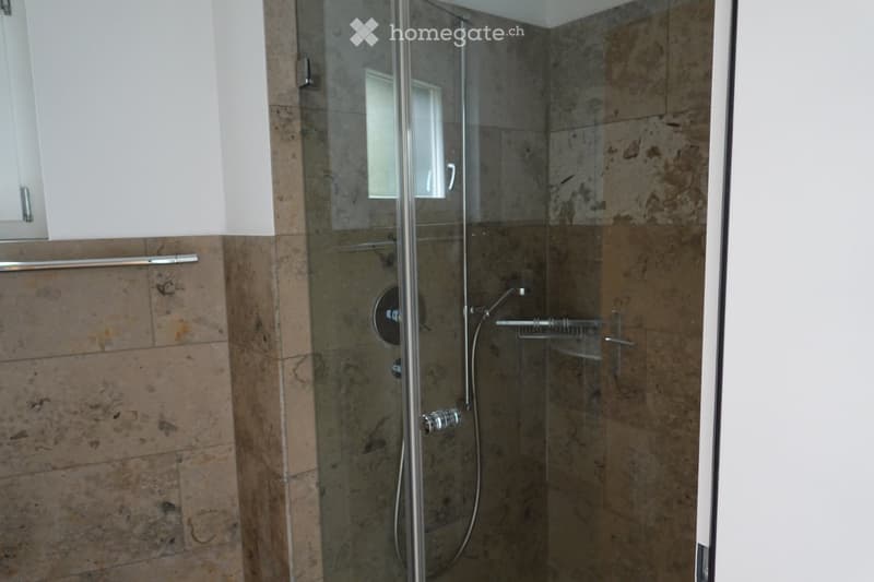 Bathroom with a glass shower door, shower head, and a soap dish.