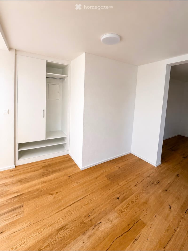 Empty room with light wooden flooring, white walls, built-in closet with shelves, and a recessed ceiling light.