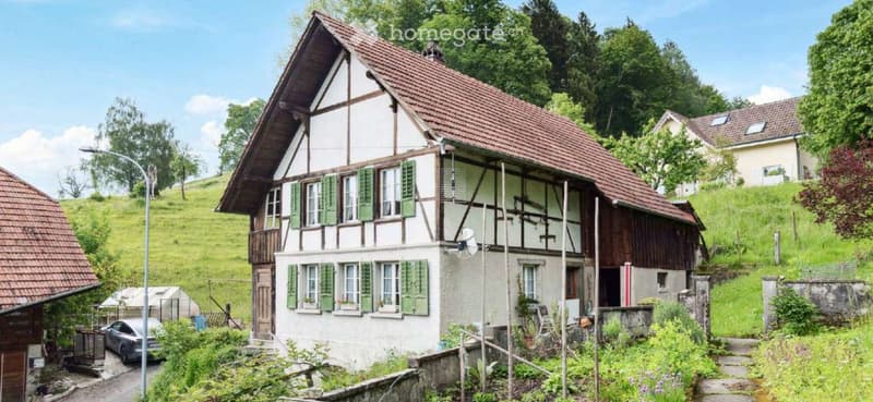 Traditional Swiss house with a half-timbered facade, green shutters, and a red-tiled roof, surrounded by greenery and a small garden.