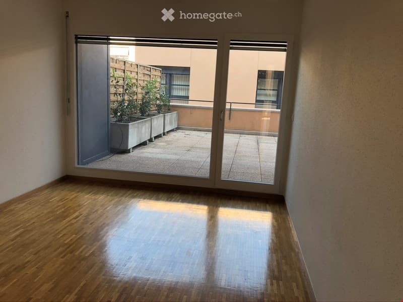 Empty room with wooden flooring and large sliding glass doors opening to a balcony area with potted plants.