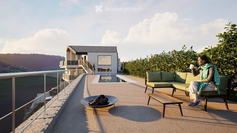 A modern outdoor terrace with a swimming pool, seating area, and scenic mountain view.