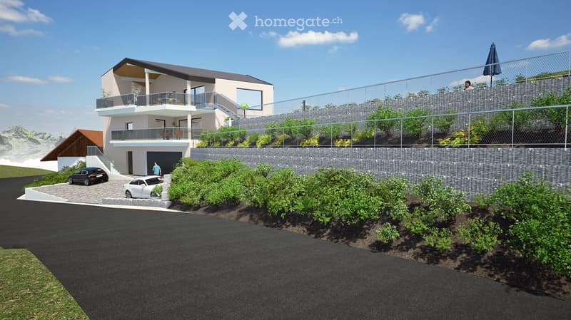 Modern two-story house with a raised ground floor, garage, balcony, and surrounding greenery.