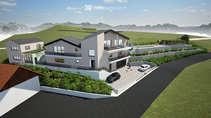 3-story modern house with balconies, garage, swimming pool, and landscaped garden.