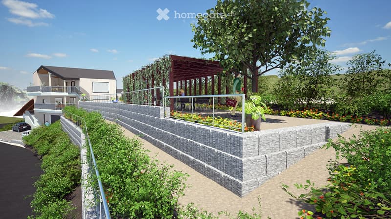 Outdoor area with a raised stone platform, a pergola, seating area, and surrounding greenery.