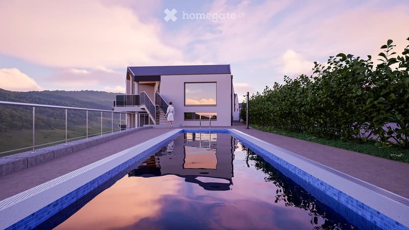 Outdoor area with a swimming pool, modern house with balcony, scenic mountain view, and lush greenery.