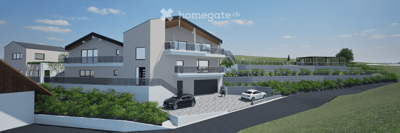 Modern two-story house with balconies, garage, and surrounding greenery.