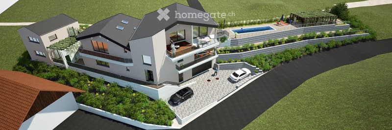 3D rendering of a modern two-story house with a garage, balcony, swimming pool, and parking area.