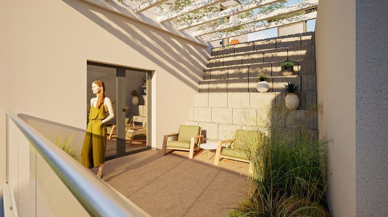A modern balcony with a light green chair, small table, and potted plants, featuring a glass door leading to an indoor space.