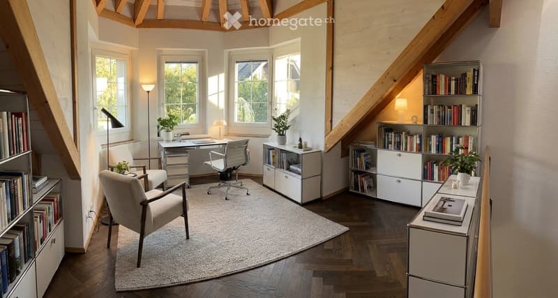 Cozy, well-lit study or home office with wooden beams, large windows, a desk, ergonomic chair, bookshelves, and a comfortable armchair.