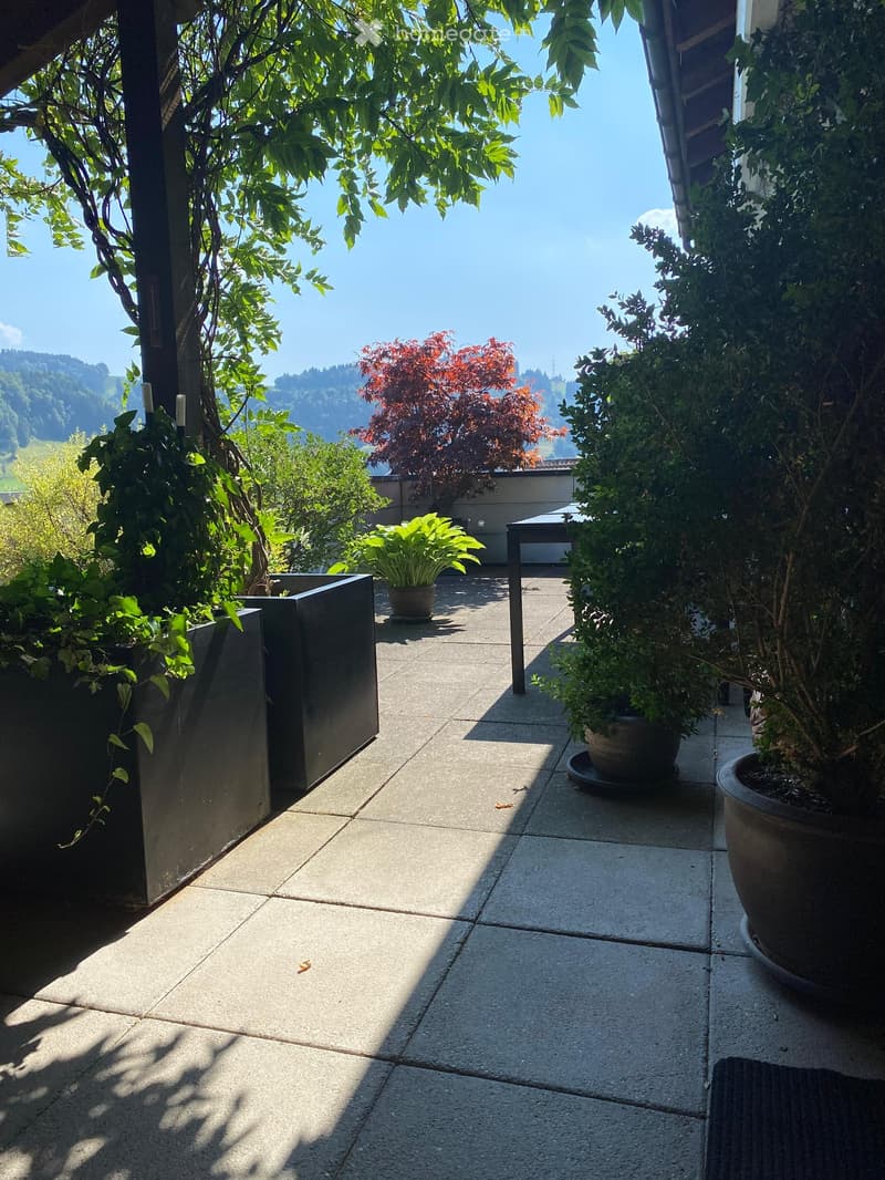 A serene outdoor patio with a tiled floor, potted plants, and a small table, overlooking a scenic valley with trees and mountains in the background.