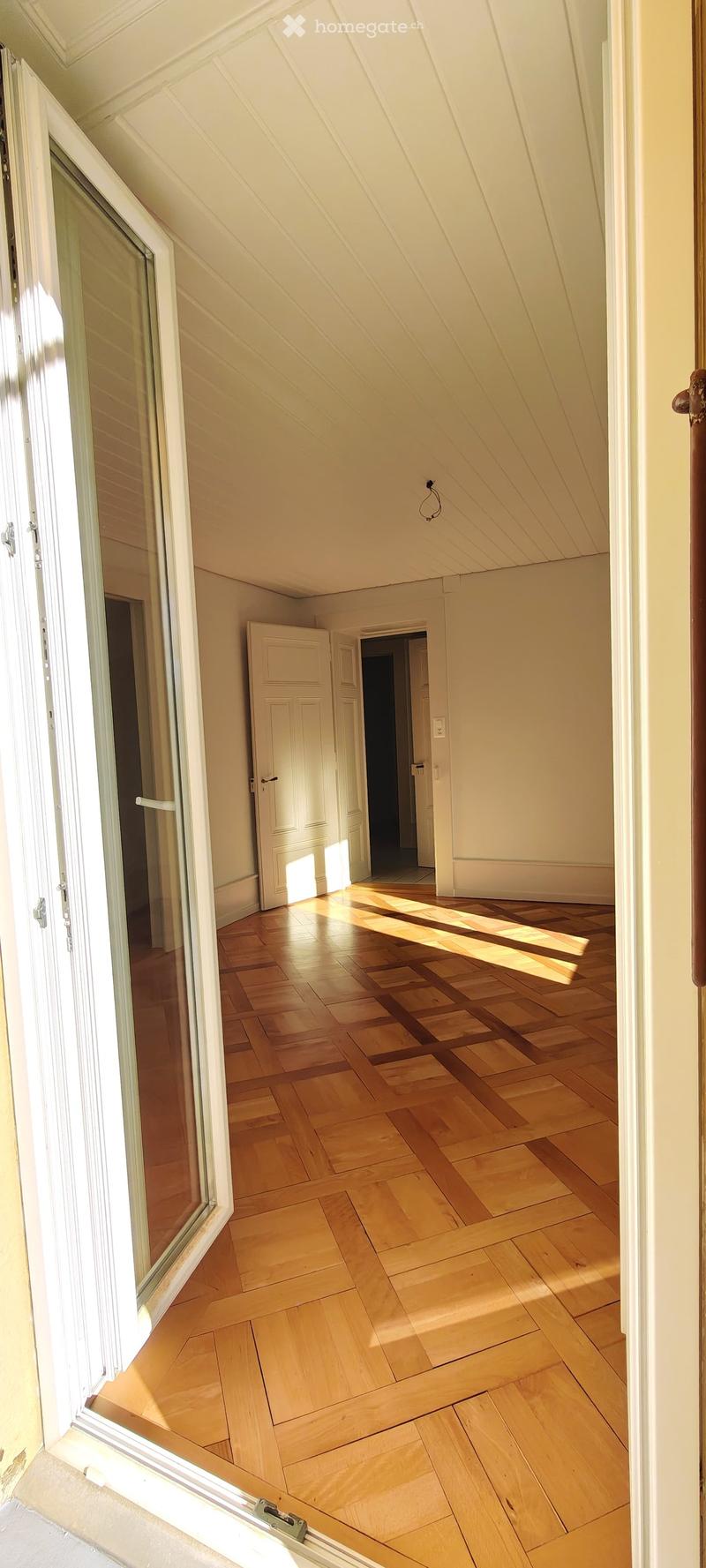 Empty hallway with wooden flooring and white walls, featuring multiple doors and a slanted ceiling.