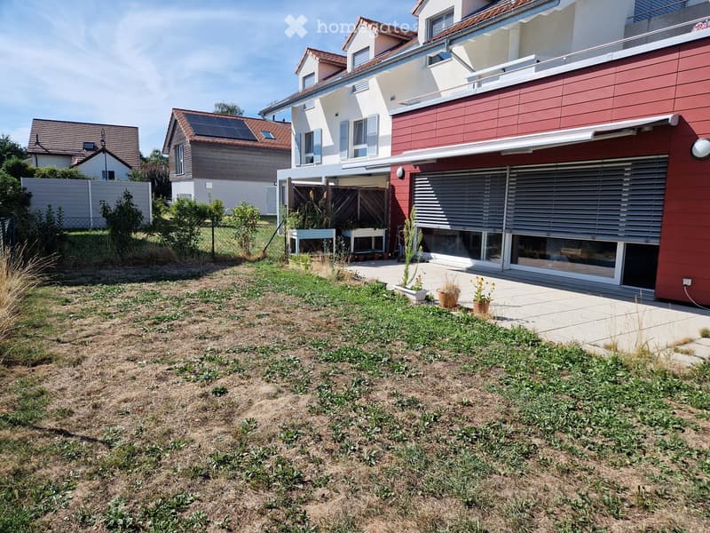 Garden area with a modern house in the background, featuring a paved patio, potted plants, and a wooden fence.