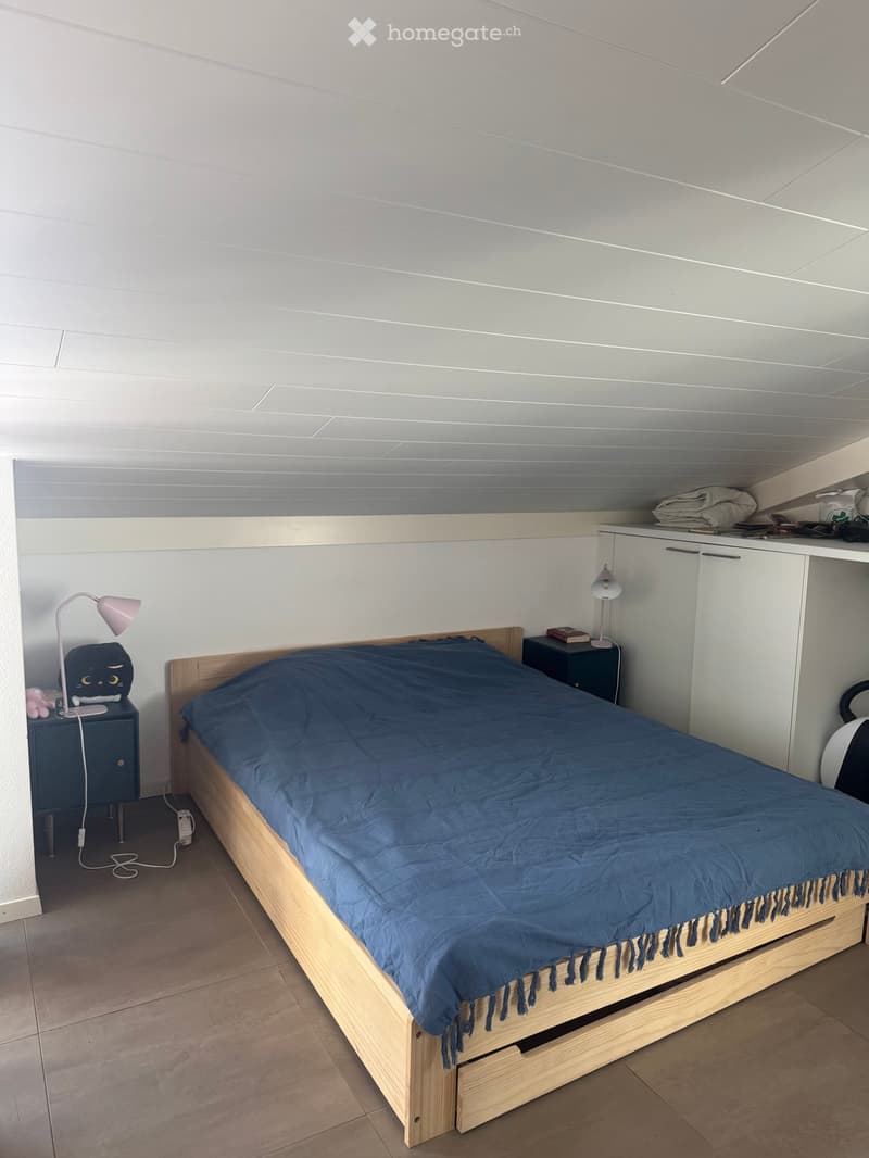 A small, modern bedroom with a wooden bed, blue duvet, nightstands, lamps, and a built-in cabinet.