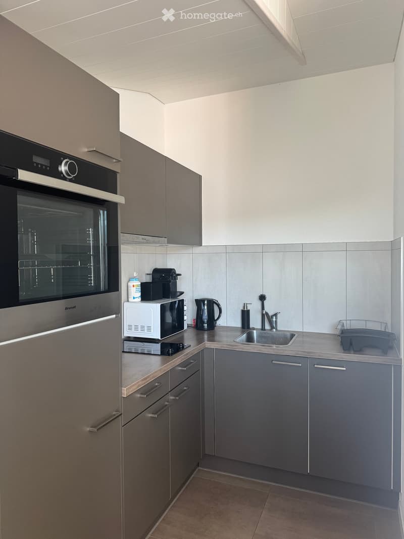 Modern kitchen with grey cabinets, stainless steel appliances, and a light-colored countertop.