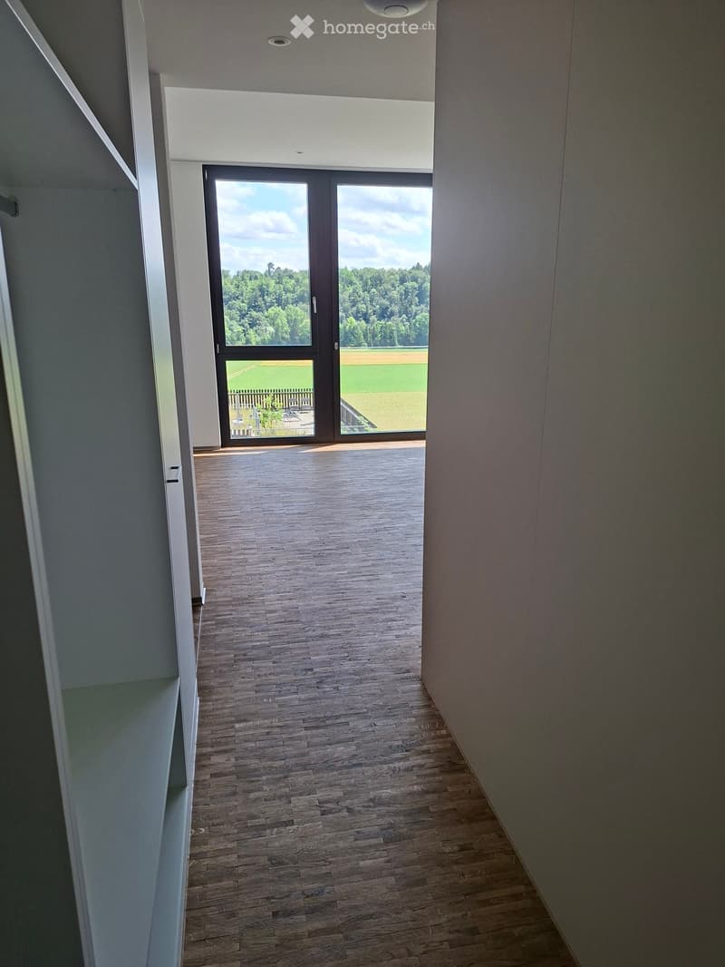 Modern hallway with wooden flooring, large glass door leading to outdoor area with view of greenery and field.