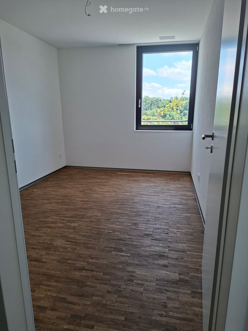 Empty room with wooden flooring, white walls, and a large window offering a view of greenery outside.