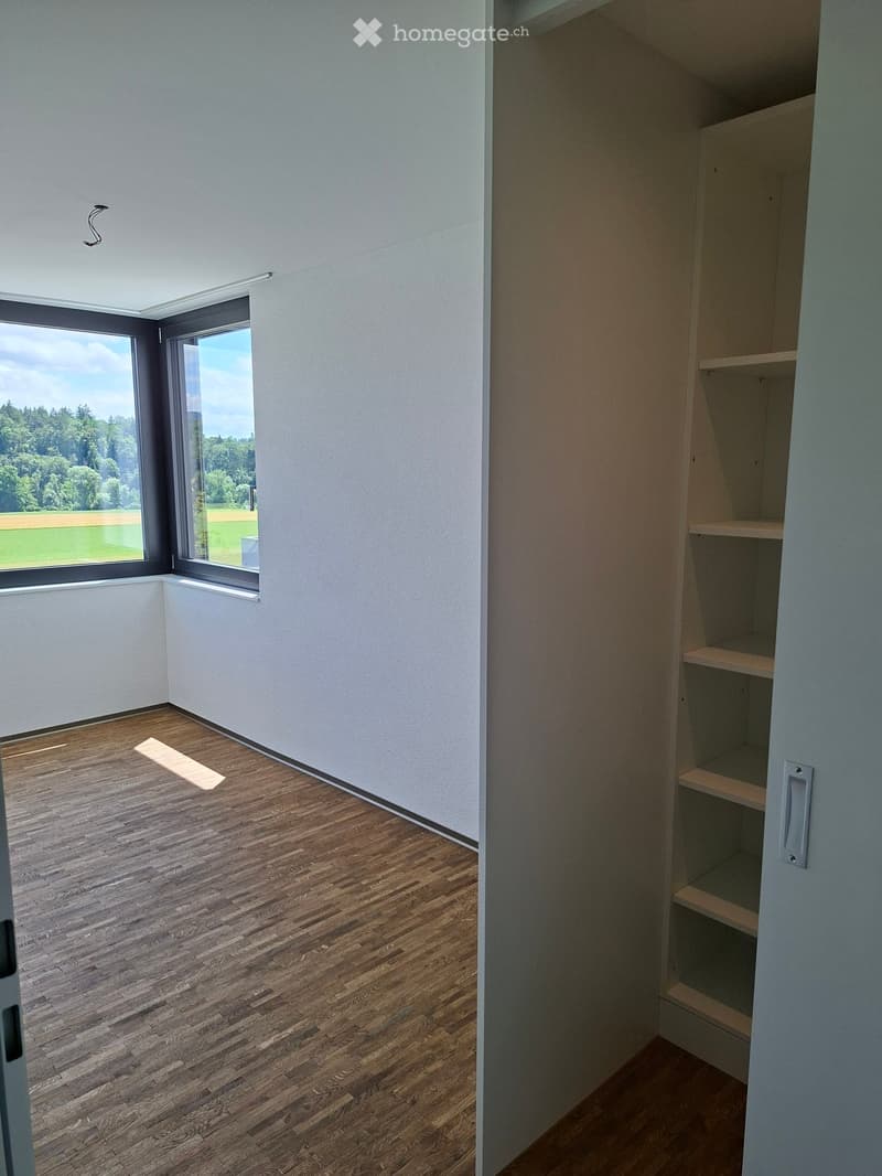 Empty room with wooden flooring, white walls, large window with a view of greenery, and built-in shelving unit.