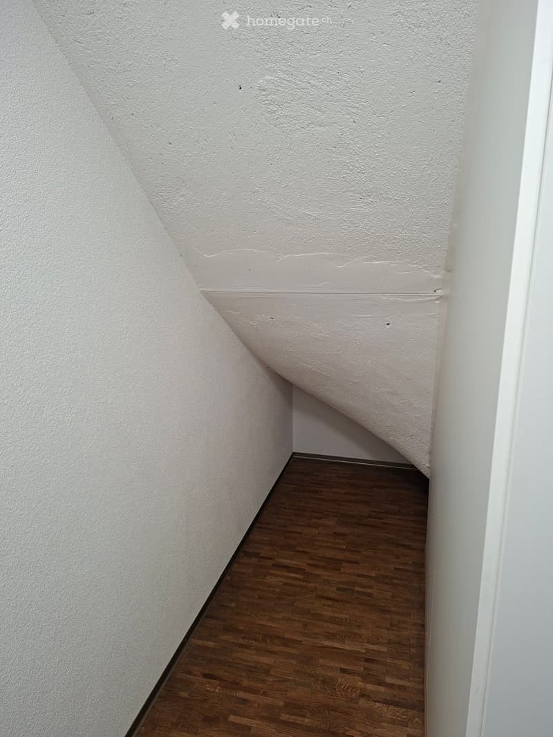 A narrow hallway with white walls and wooden flooring, featuring a slanted ceiling and a visible corner.